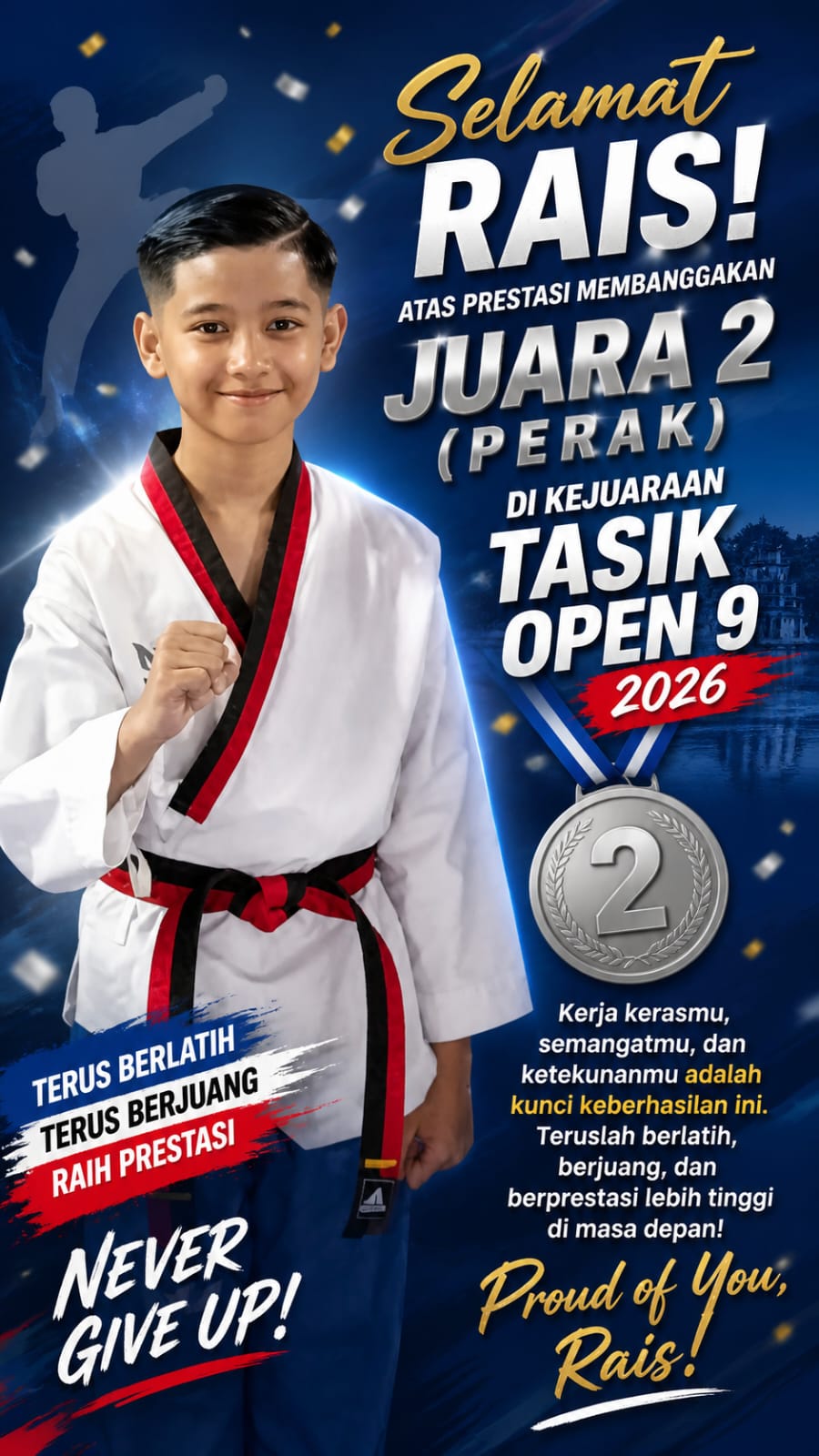 Foto Kejuaraan Nasional Taekwondo "Tasik Open" mendapatkan Medali Perak Juara 2